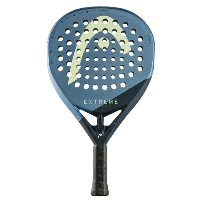 מחבט פאדל Head Extreme Motion 2025 בצבע כחול-שחור, מבט חזית של פני המשטח המחוררים עם לוגו צהוב.