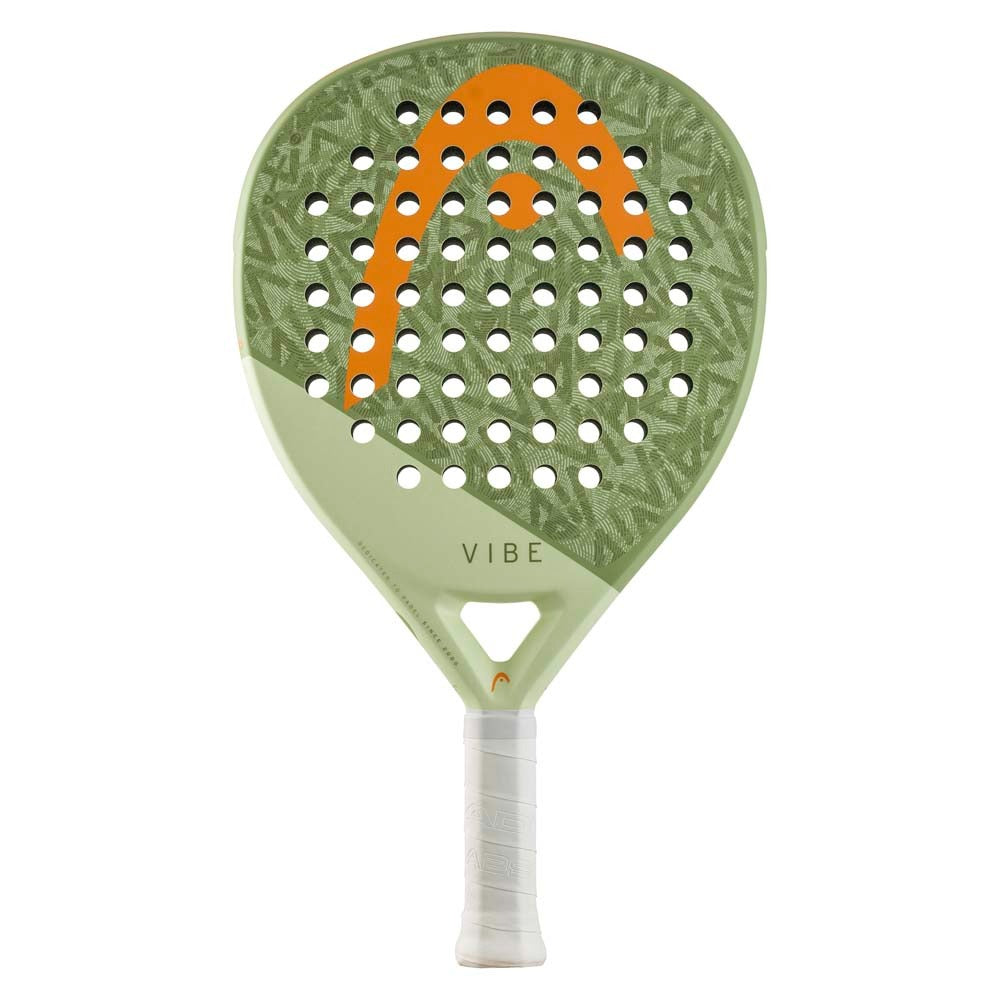 מחבט פאדל Head Vibe בצבע ירוק עם נגיעות כתום, חורים עגולים, ידית לבנה וכיתוב VIBE, מבט חזית.