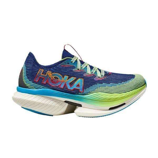 נעל ריצה אחת Hoka 1147910/ENN U CIELO X1 בירוק וכחול עם סוליה מרופדת בולטת, במבט מהצד.