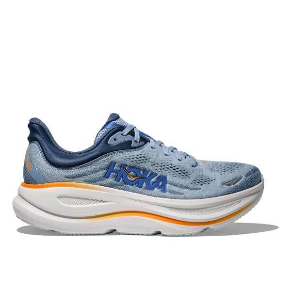 Hoka BONDI 9 WIDE 1162013/DNP היא נעל ריצה בצבע תכלת עם הדגשות נייבי וכתום, הכוללת סוליה מרופדת וגפת רשת.