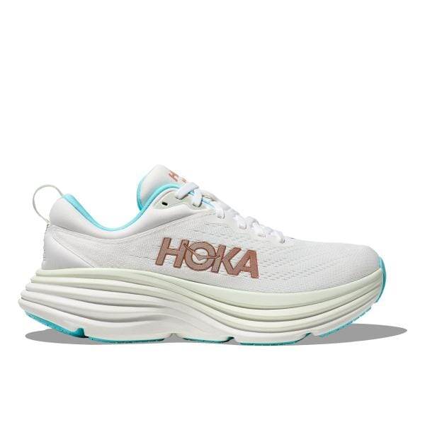 מבט מהצד של נעל הריצה Hoka 1127952/FTRS BONDI 8 בצבע Frost/Rose, הכוללת בסיס לבן, לוגו חום בהיר, הדגשות צהבהבות וסוליה עבה ומרופדת.