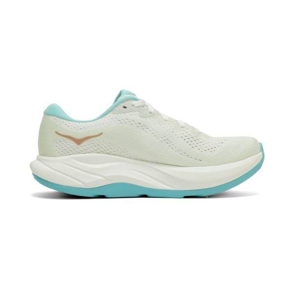 מבט מהצד של נעל האתלטיקה Hoka 1155131/FTRS WRINCON 4 FROST/ROSE GOLD בצבע ירוק בהיר, הכוללת סוליה לבנה ודגשים בצבע טורקיז. הנעל מתהדרת בגפת רשת ובקשת צנועה.