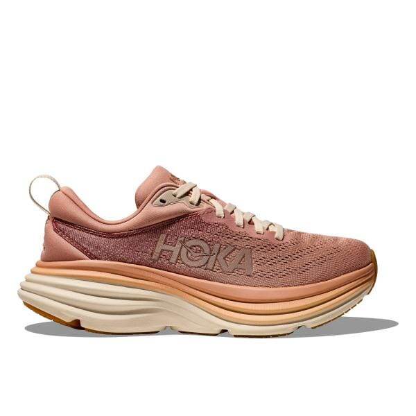 נעל ריצה Hoka Bondi 8 1127952/SNC בצבע ורוד ואפרסק עם סוליה מרופדת, סגירת שרוכים ושם המותג מוצג בצד.