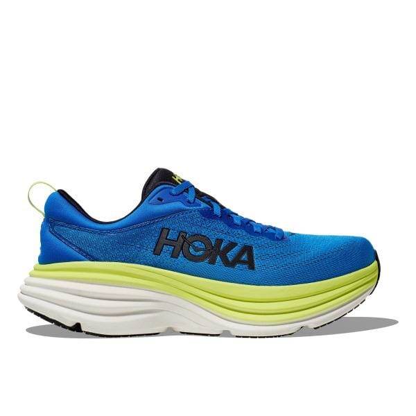 נעל ריצה כחולה וירוק ניאון של Hoka 1127953/ELT BONDI 8 WIDE (2E) עם סוליה לבנה, טקסט "HOKA" גדול בצד, והדגשות שחורות.