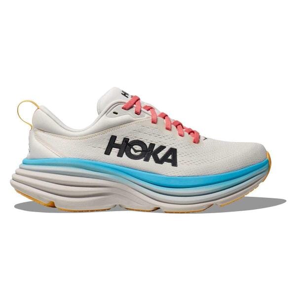 נעל ריצה אחת Hoka Bondi 8 Wide עם סוליות עבות והדגשה צבעונית.