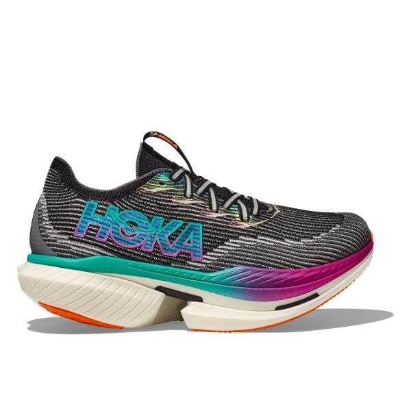 הנעל Hoka 1147910/Bcq U Cielo X1 Black/Electric היא אפשרות של הנעלה אתלטית צבעונית עם סוליה עבה ומרופדת. הוא כולל דוגמה תוססת ומציג בצורה בולטת את הלוגו של המותג Hoka בצד.