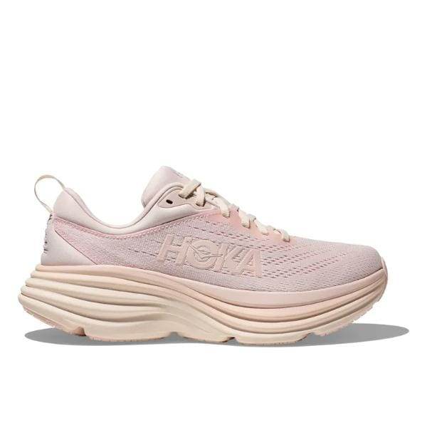 נעל ריצה Hoka 1127952/CPPR BONDI 8 בוורוד בהיר כולל סוליית שכבות עבה וסגירת שרוכים על רקע לבן.
