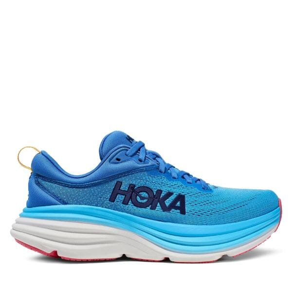 נעל ריצה כחול לבן Hoka BONDI 8 עם סוליה עבה.