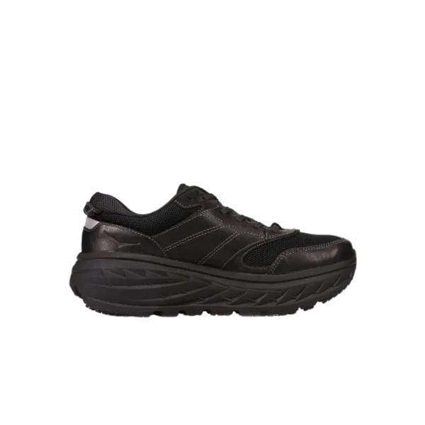 נעלי הספורט Hoka 1110538/BRVN U BONDI L בשחור/רייבן כוללות סוליה עבה, לוחות רשת ועיצוב שרוכים, המוצגים בפרופיל צד על רקע לבן.