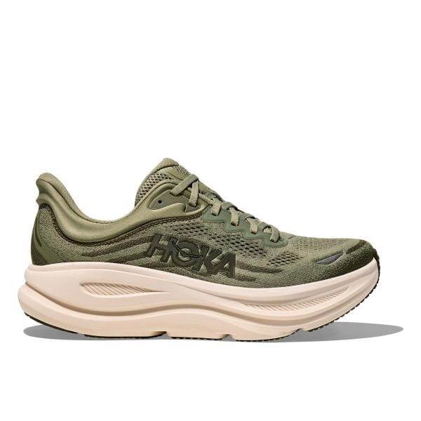 נעלי ספורט של Hoka BONDI 9 בצבע ירוק זית, הכוללת סוליה לבנה ומיתוג "Hoka" בצד.