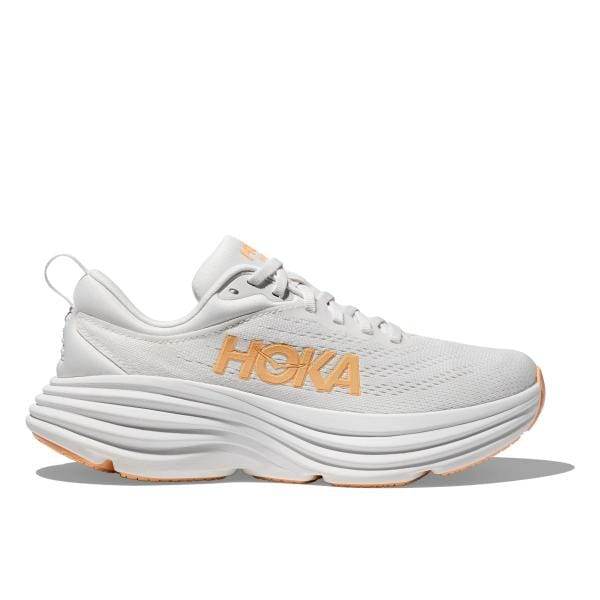 נעל Hoka 1127952/WLP BONDI 8 בלבן וכתום בהיר עם לוגו "HOKA" של המותג בצד.