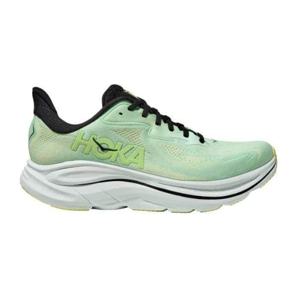 נעלי הריצה Hoka CLIFTON 10 MINT 1162030/MTFL הן נעלי ריצה בצבע ירוק בהיר עם סוליה שחורה, שרוכים שחורים ולוגו Hoka מודגש בצד.