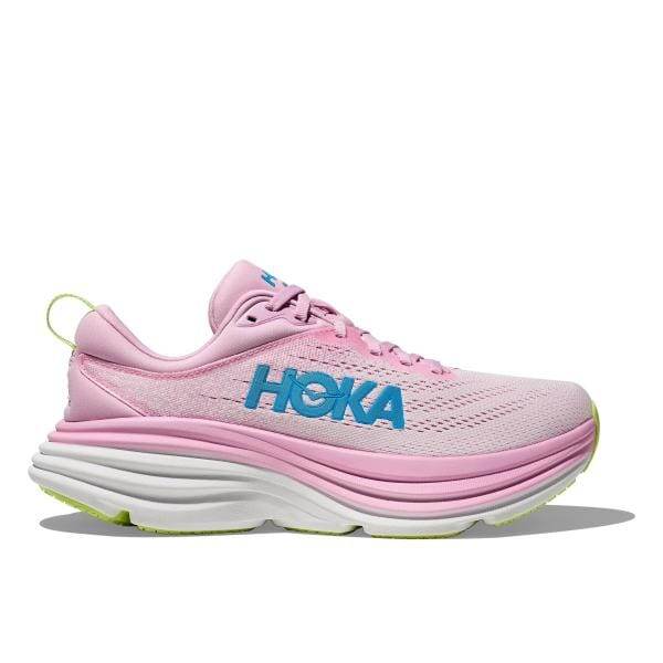 נעל ריצה ורודה Hoka 1127952/PTWL W BONDI 8 עם כתובה "Hoka" בכחול בצד, הכוללת סוליה עבה לבנה וירוקה בהירה.