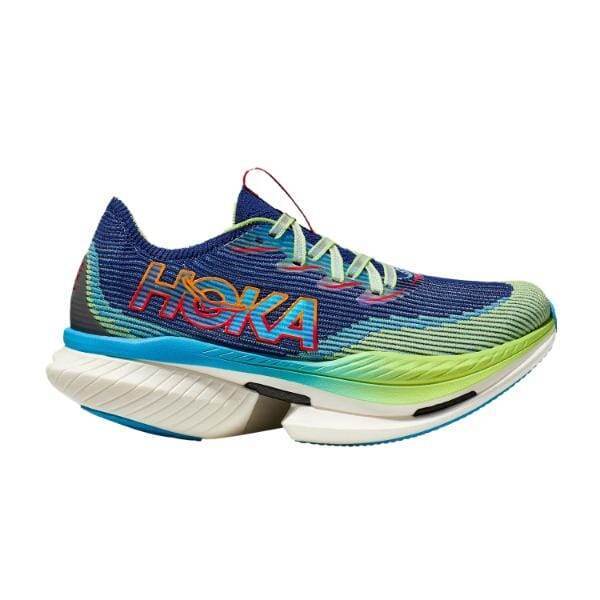 נעל ריצה אחת Hoka 1147910/ENN U CIELO X1 בירוק וכחול עם סוליה מרופדת בולטת, במבט מהצד.