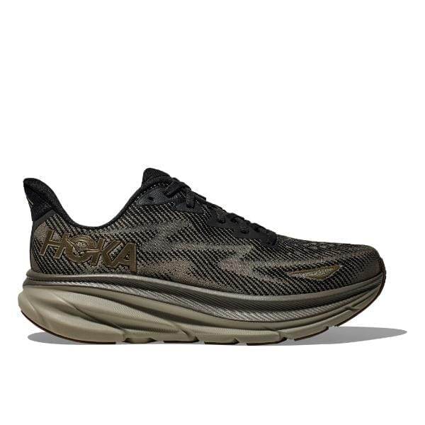 שחור ואפור כהה Hoka Clifton 9 1127895/BLCKS עם סוליה עבה ומיתוג "HOKA" בצד.
