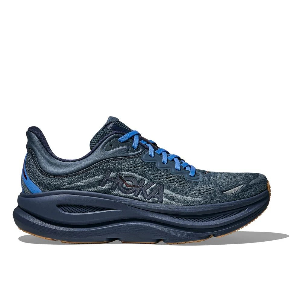 נעלי ריצה Hoka Bondi 9 לגברים בצבע Faded Navy/Slate — מבט פרופיל צדדי המדגיש את הסוליה העבה והמרופדת.