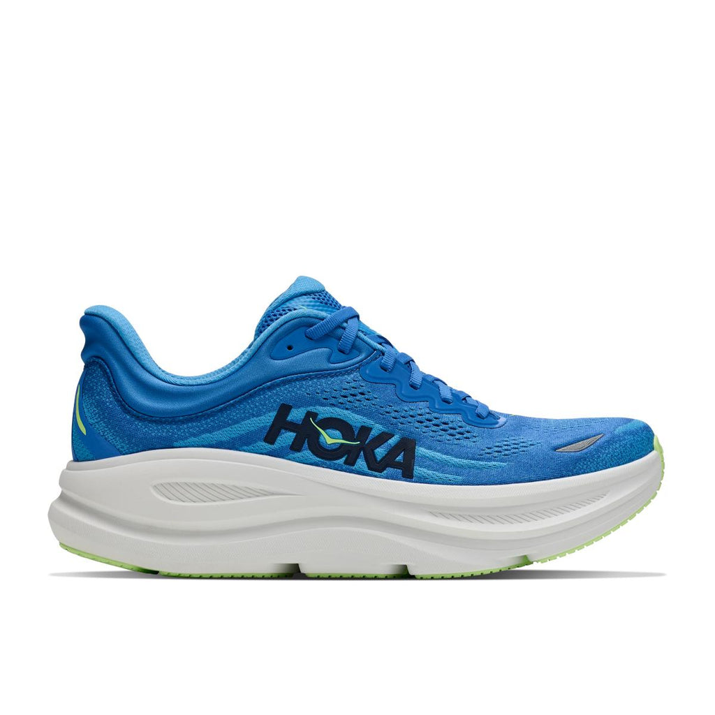 נעלי ריצה Hoka Bondi 9 לגברים בצבע Virtual Blue – מבט צד על הגפה הכחולה, לוגו HOKA שחור ונגיעות ירוק-ניאון בסוליה.