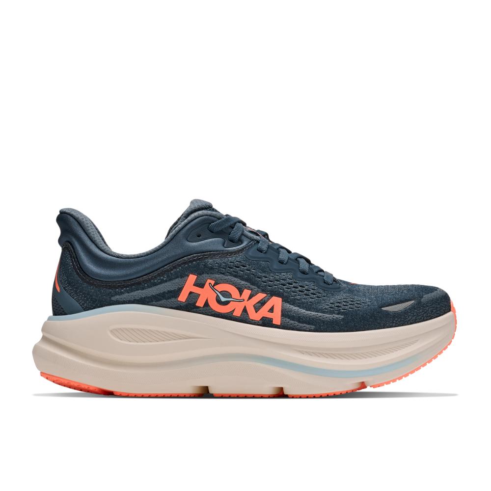 נעלי ריצה Hoka Bondi 9 Wide (2E) לגברים בצבע Faded Navy/Slate – מבט צדדי עם גפה כחולה, סוליה עבה ולוגו כתום.