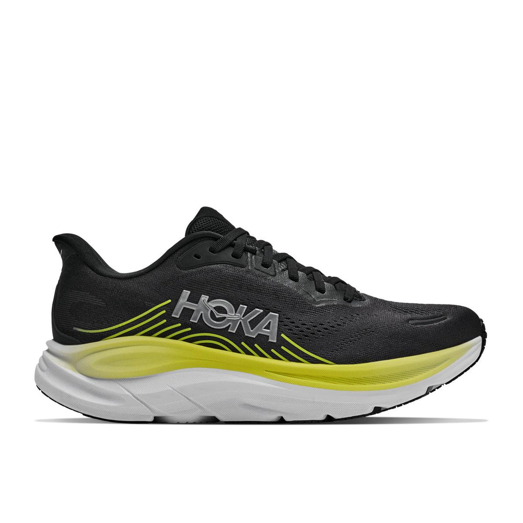 נעל ריצה Hoka Clifton 11 לגברים בצבע Black/Cosmic Grey, מבט ראשי על החלק העליון השחור והסוליה, על רקע לבן.