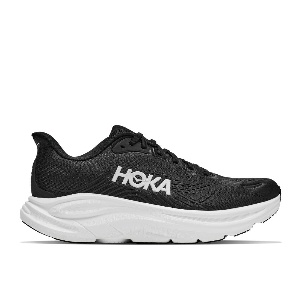 נעלי ריצה Hoka Clifton 11 לנשים בצבע Black/White – מבט צדדי עם גפה שחורה וסוליה לבנה עבה.