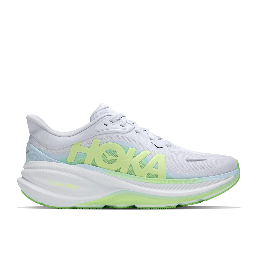 נעלי ריצה Hoka Clifton Pro לנשים בצבע Cosmic Grey/Neon – מבט צד עם סוליה עבה ונגיעות ירוק ניאון.