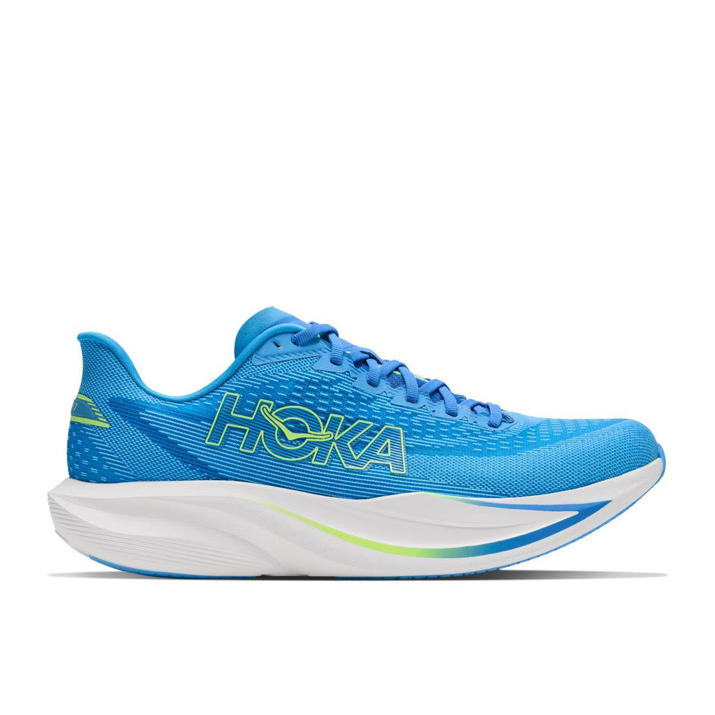 נעלי ריצה Hoka Mach 7 לגברים בצבע Virtual Blue – מבט צד על גפת ה-Creel Jacquard הכחולה ועל המדרס הלבן.