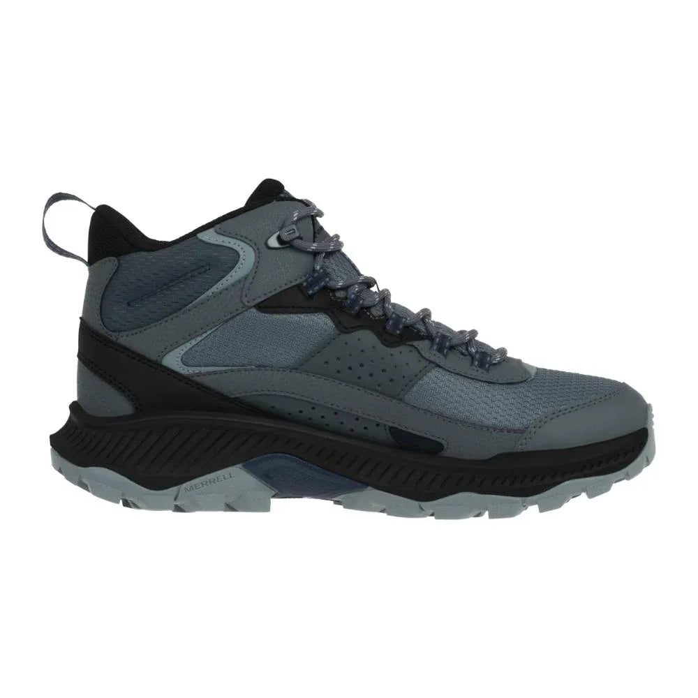 נעלי טיולים לגברים Merrell SPEED STRIKE 2 MID WP/ROCK J037837 בצבעי אפור ושחור, בעיצוב גבוה, סוליה מחוספסת, סגירת שרוכים; תצוגה פרופילית לכיוון ימין. נעלי טיולים ושטח עמידות למים של מירל.