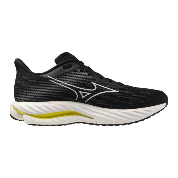 ה- Mizuno WAVE INSPIRE 21 2E Black J1GC254552 מתאפיין בעיצוב שחור עם סוליה לבנה, נגיעות צהובות ולוגו לבן בצורת זיגזג — נעלי ריצה מיזונו אינספייר 21 לגברים אידיאליות לתמיכה ויציבות.