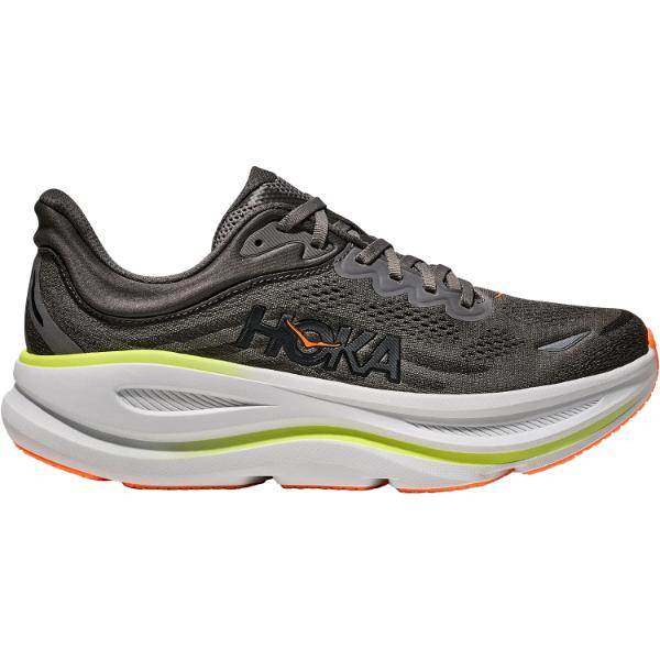 נעל הריצה Hoka BONDI 9 לגברים (1162011/ALTG) בצבע אפור אספלט כוללת סוליה עבה בצבע לבן וירוק ליים, נגיעות כתומות ולוגו שחור בצד.