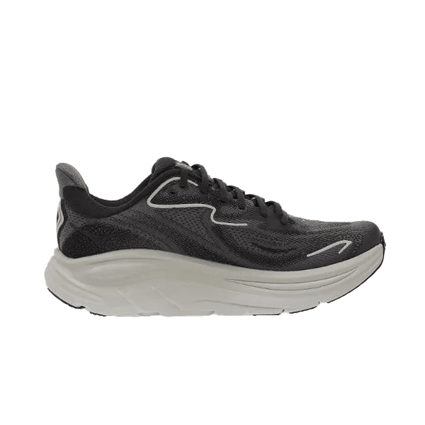 נעל הריצה לגברים Hoka CLIFTON 10 (1162030/CCKS CARBON BLACK) מוצגת בצבעים שחור ואפור עם סוליה לבנה עבה, מותג Hoka, מוצגת בפרופיל צדדי על רקע לבן חלק.