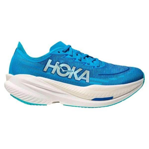 זוג נעלי ריצה Hoka נעלי ריצה הוקה מאך איקס 2 לגברים (Hoka MACH X 2 1155119/SYWR SKYWARD BLUE/ELECT) עם חלק עליון כחול, סוליה לבנה עבה ולוגו Hoka בצד, מוצגות על רקע לבן.