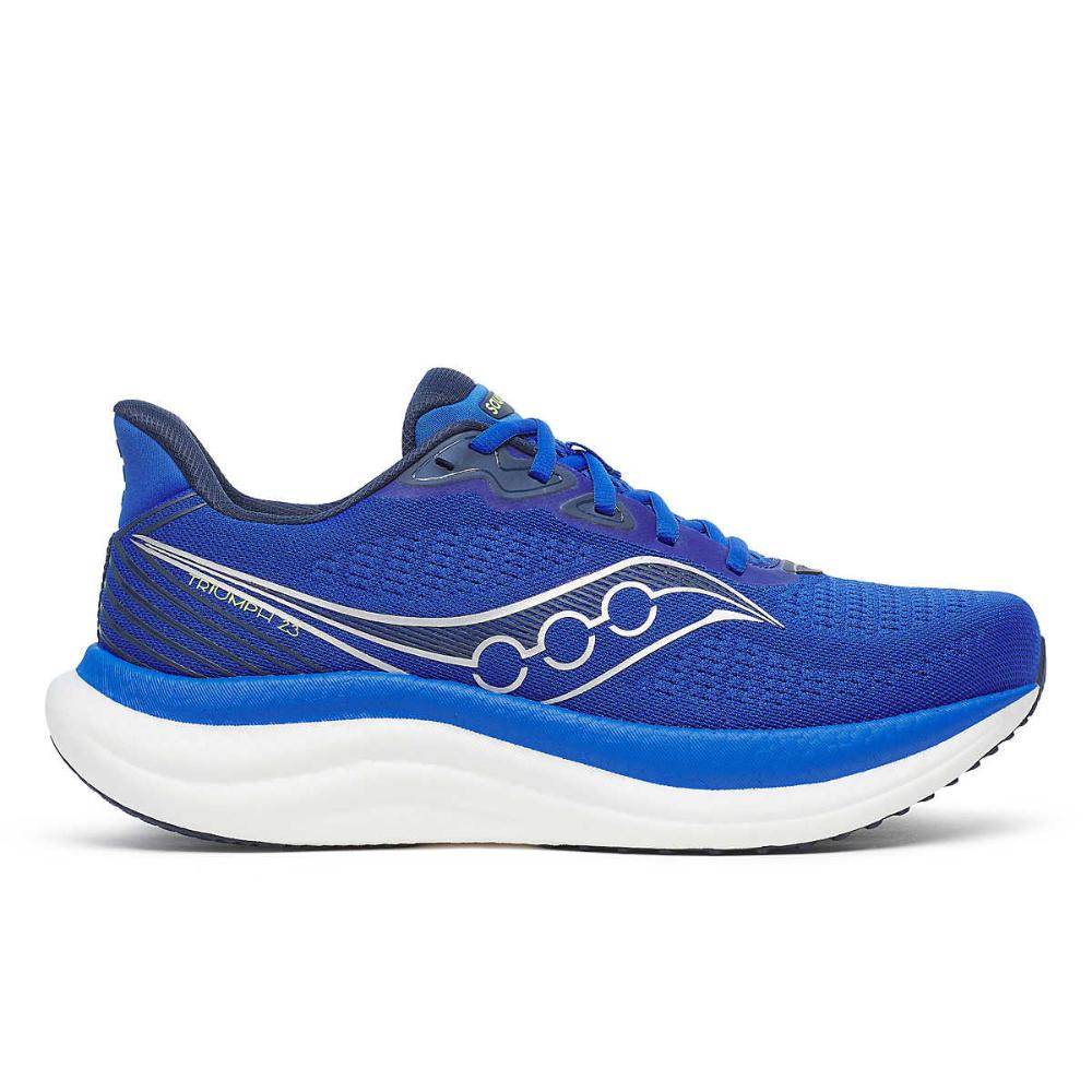 The Saucony TRIUMPH 23 Wide (2E) S21024-215 נעלי ריצה סאקוני טריומף 23 רחבות לגברים—נעל ריצה כחולה עם סוליה עבה ולבנה, רשת נושמת, מושלם לריצה ולרגליים רחבות, מבית Saucony.