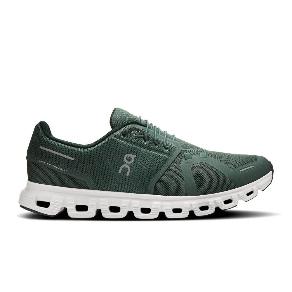 ה-On Cloud קלאוד 6 לגברים Olive/Evergreen (3MF10072841) כולל גפה עליונה מרשת ירוקה, סוליה מרופדת לבנה ולוגו On — מושלם בתור נעלי ריצה קלות בסטייל של המותג On Cloud.