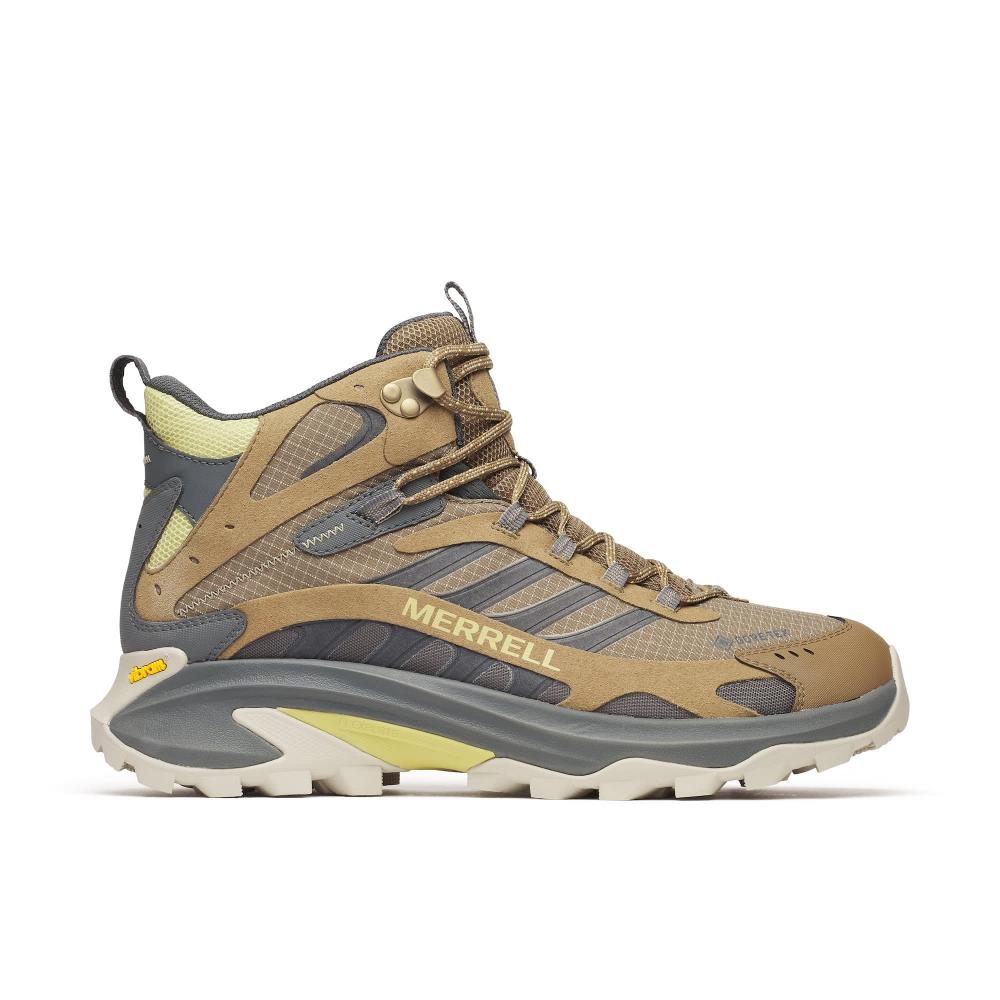 Merrell MOAB SPEED 2 MID GTX J038339 הוא מגף טיולים לגברים בצבע חום ואפור עם סוליה מחוספסת, לוחות רשת, סגירת שרוכים וקרסול גבוה, המוצג בפרופיל צדדי על רקע לבן.