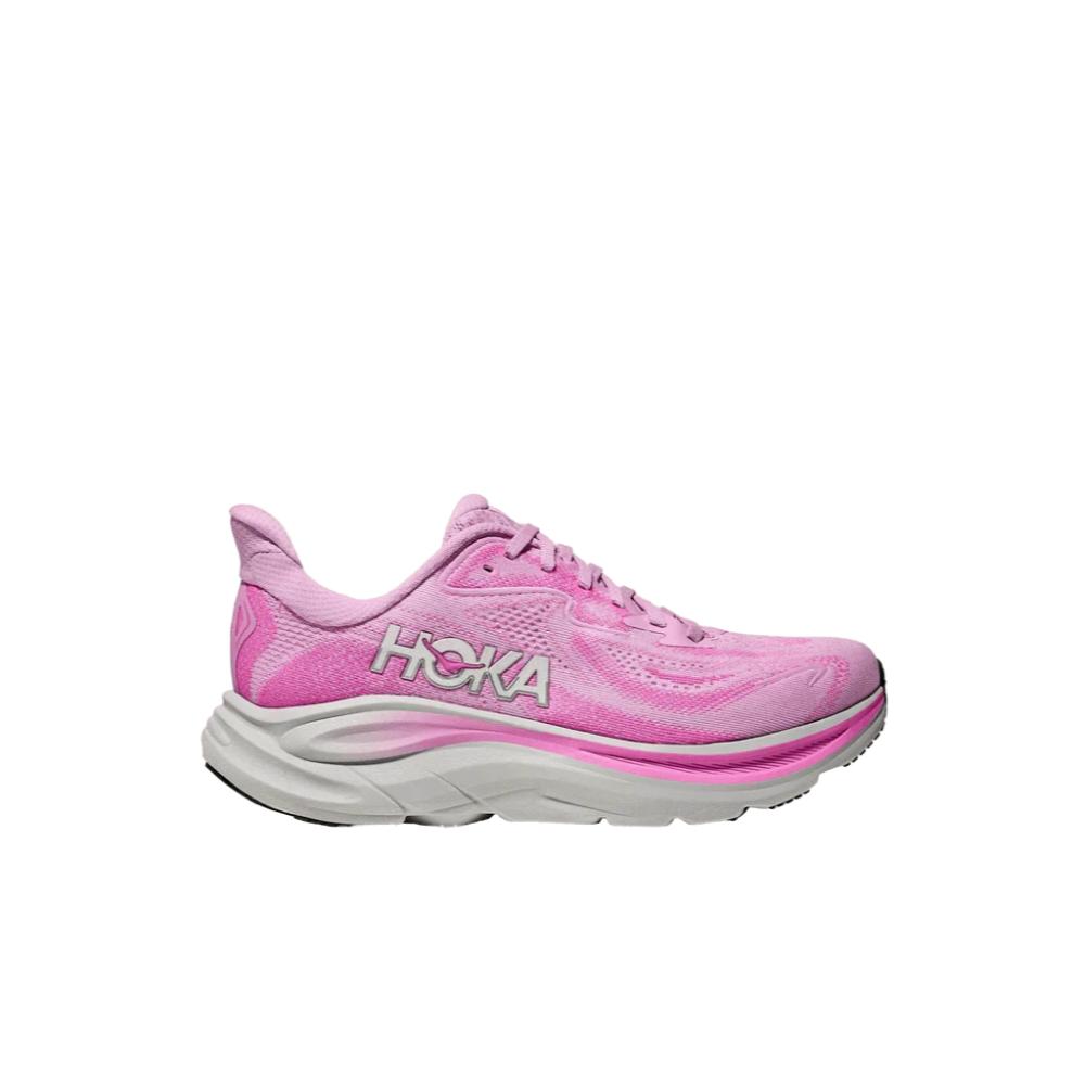Hoka נעלי ריצה לנשים דגם CLIFTON 10 (1162031/FWRN) בגוון ורוד עם פרטים בלבן ואפור, סוליה עבה ומרופדת ולוגו Hoka בצד – מושלמות לריצה.