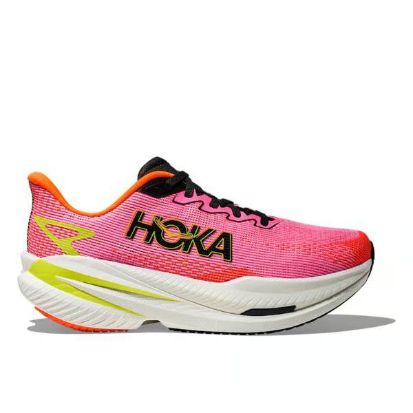 Hoka MACH X 3 NEON ROSE (1168721/NNRS) נעלי ריצה לנשים — ורודות עם שרוכים שחורים, נגיעות כתום-צהוב וסוליה לבנה עבה — מושלמות לנשים המחפשות נעלי ריצה מהירות.