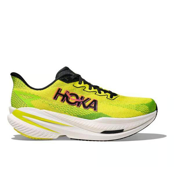 Hoka MACH X 3 WIDE (2E) 1168871/NNHK NEON HOKA CITRUS הוא נעל ריצה לגברים בצבע צהוב בוהק עם שרוכים שחורים, סוליה מרופדת לבנה ולוגו Hoka בשחור ואדום בצד.