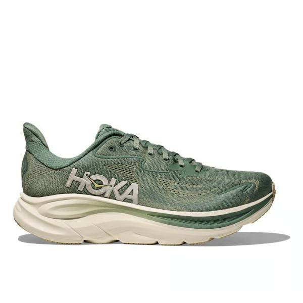 נעל ריצה לגברים Hoka CLIFTON 10 (1162030/FFF FERN/TRUFFLE) בצבע ירוק עם סוליה לבנה, חלק עליון מרשת ולוגו "HOKA" בצד, מוצגת על רקע לבן חלק.