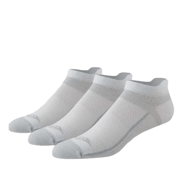 שלוש זוגות גרביים Ultralite No Show לגברים של Saucony (S385171-101), בצבע לבן עם נגיעות אפור בהיר, מסודרים זה לצד זה על רקע לבן חלק.