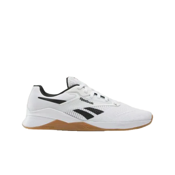 נעלי ריבוק נעלי ריבוק נאנו איקס 4 לנשים NANO X4 FTW White UNISEX 100074186 מתאפיינות בעיצוב לבן עם נגיעות שחורות וסוליה חומה, המוצגות על רקע לבן חלק — מושלמות כנעלי קרוספיט לאימון פונקציונלי.