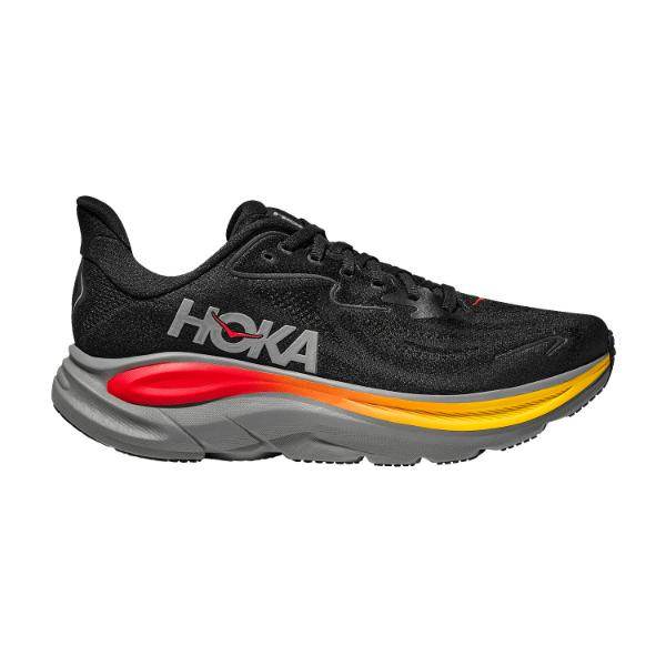 נעל ריצה Hoka Clifton 10 לגברים (1162030/BKGL) בצבע שחור/גלקטי, עם סוליה אפורה, נגיעות אדומות וצהובות בסוליה האמצעית ולוגו Hoka בצד, במבט משמאל.