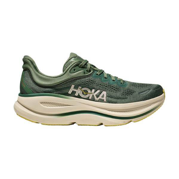 נעל ריצה לגברים Hoka BONDI 9 (1162011/SNTF SUCCULENT/FERN) בצבע ירוק עם סוליה עבה בצבע בז', גפה עליונה מרשת ולוגו Hoka לבן בצד, במבט משמאל.