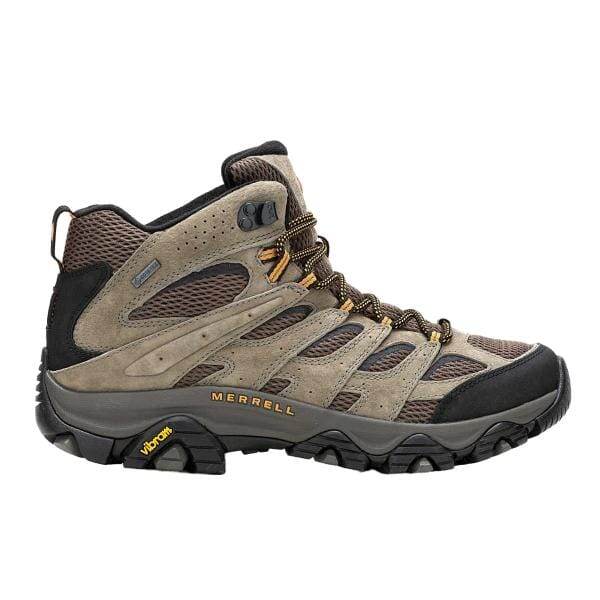 מגף טיולים בודד של Merrell J035795 MOAB 3 MID GTX WALNUT, בעיצוב חום ואפור עם שרוכים עמידים וסוליה מחוספסת, ממותגת "Merrell.