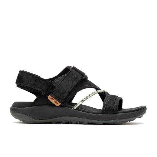 Merrell J006412 TERRAN 4 BACK STRAP של Merrell הוא סנדל אתלטי שחור פתוח עם רצועות מתכווננות ועקב קל, הכולל תג לוגו קטן בצד.