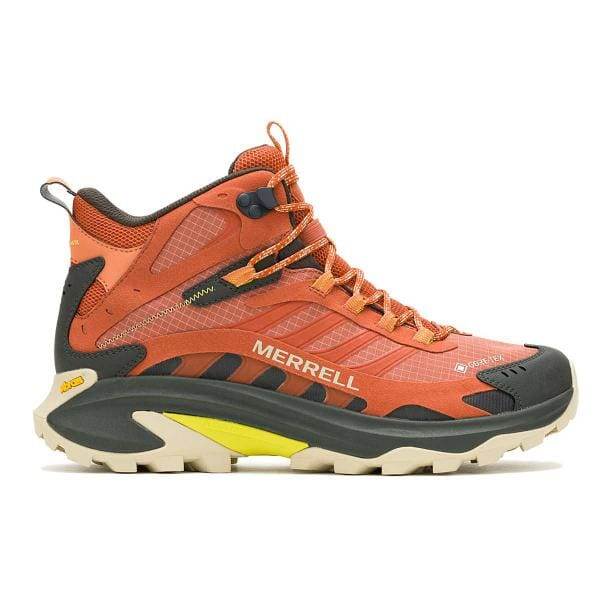 Merrell Moab Speed 2 Mid GTX J037507 הוא נעלי הליכה בעיצוב כתום ושחור, סוליה ירוקה, לוגו Merrell ומיתוג Gore-Tex.