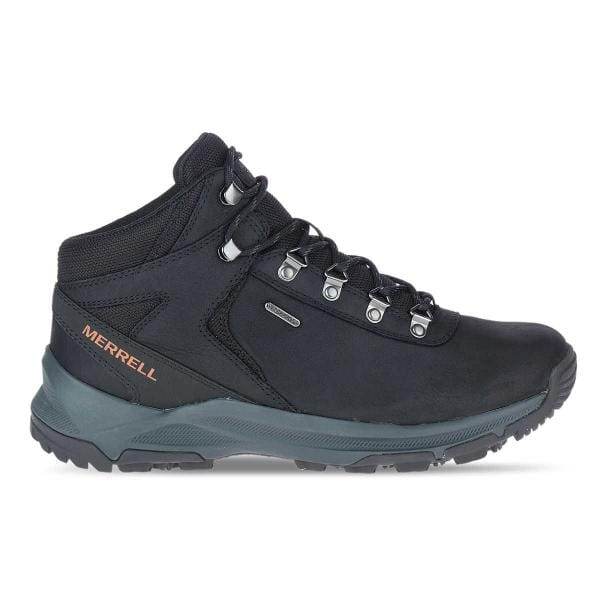מגף ההליכה של Merrell ERIE MID LTR WP/BLACK J500151 כולל עיניות מתכת, סגירת שרוכים וסוליית גומי מחוספסת.