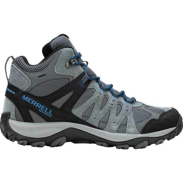 ה-Merrell J037349 ACCENTOR 3 Mid, מגף אפור ושחור עם שרוכים כחולים, כולל סוליה חזקה ותמיכת קרסול מעולה, מה שהופך אותו לאידיאלי לפעילויות בחוץ.
