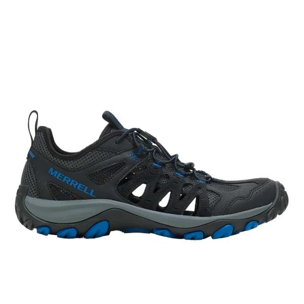 נעל ריצה בודדת של מותג Merrell Accentor 3 Sieve/Black Men בשחור עם הדגשות כחולות, הכוללת סגירת שרוכים ועיצוב סוליה מחוספסת.