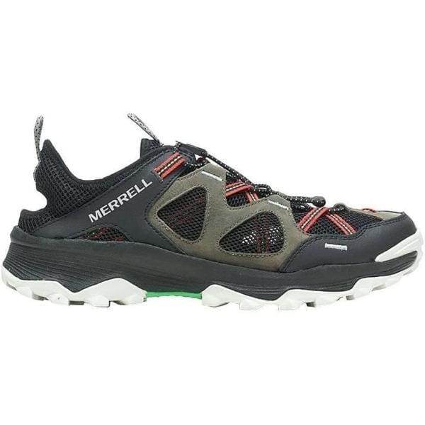 נעל טיולים מסוג Merrell J067643 SPEED STRIKE LTR SIEVE BLACK/TANGERINE עם גפה שחורה ומנדרינה, שרוכים אדומים וסוליה לבנה שמנמנה, מוצגת על רקע לבן.