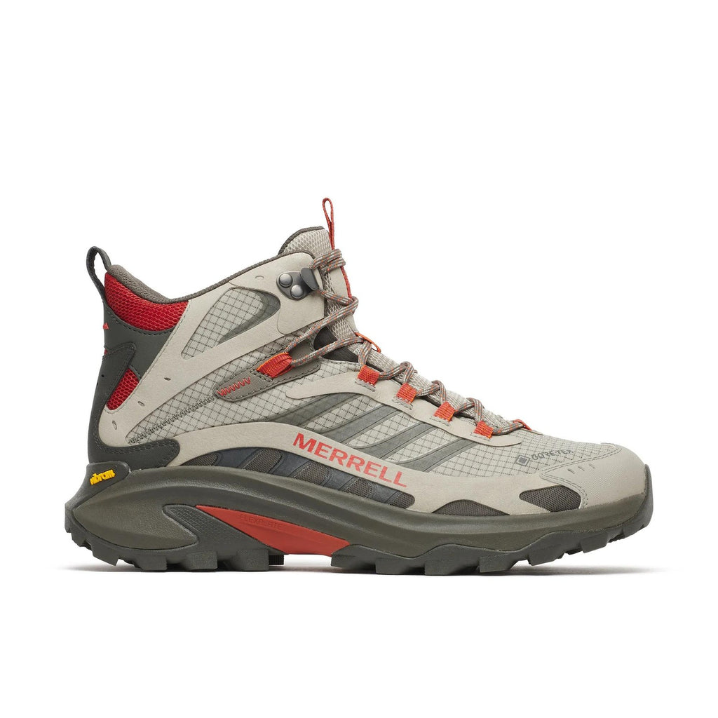 נעלי טיולים Merrell Moab Speed 2 Mid GTX לגברים בצבעי Diorite/Ember – מבט צד עם לוגו GORE-TEX וסוליית Vibram